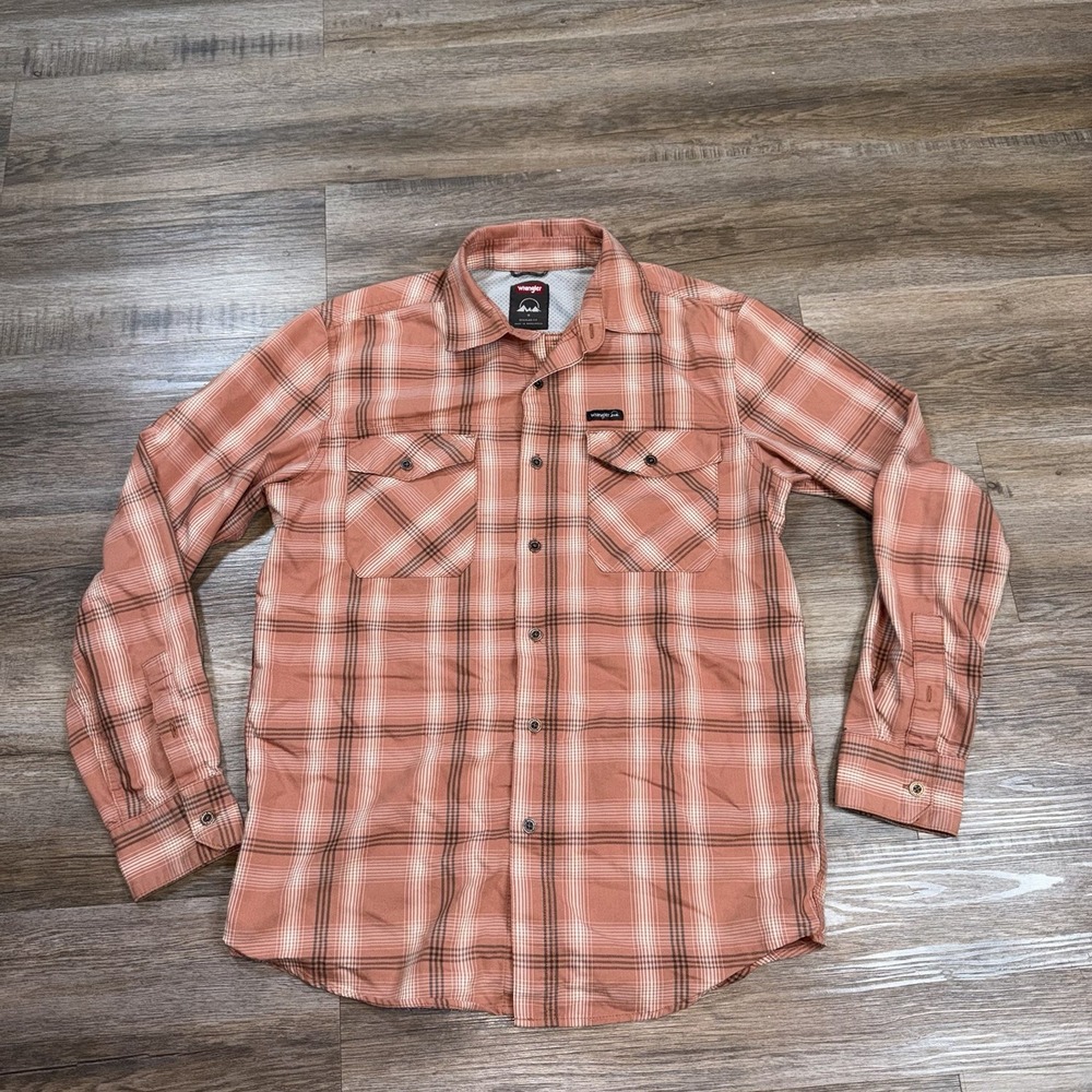 Wrangler Shirt Mens Small Outdoor Long Sleeve Utility UPF Protect Copper Plaid